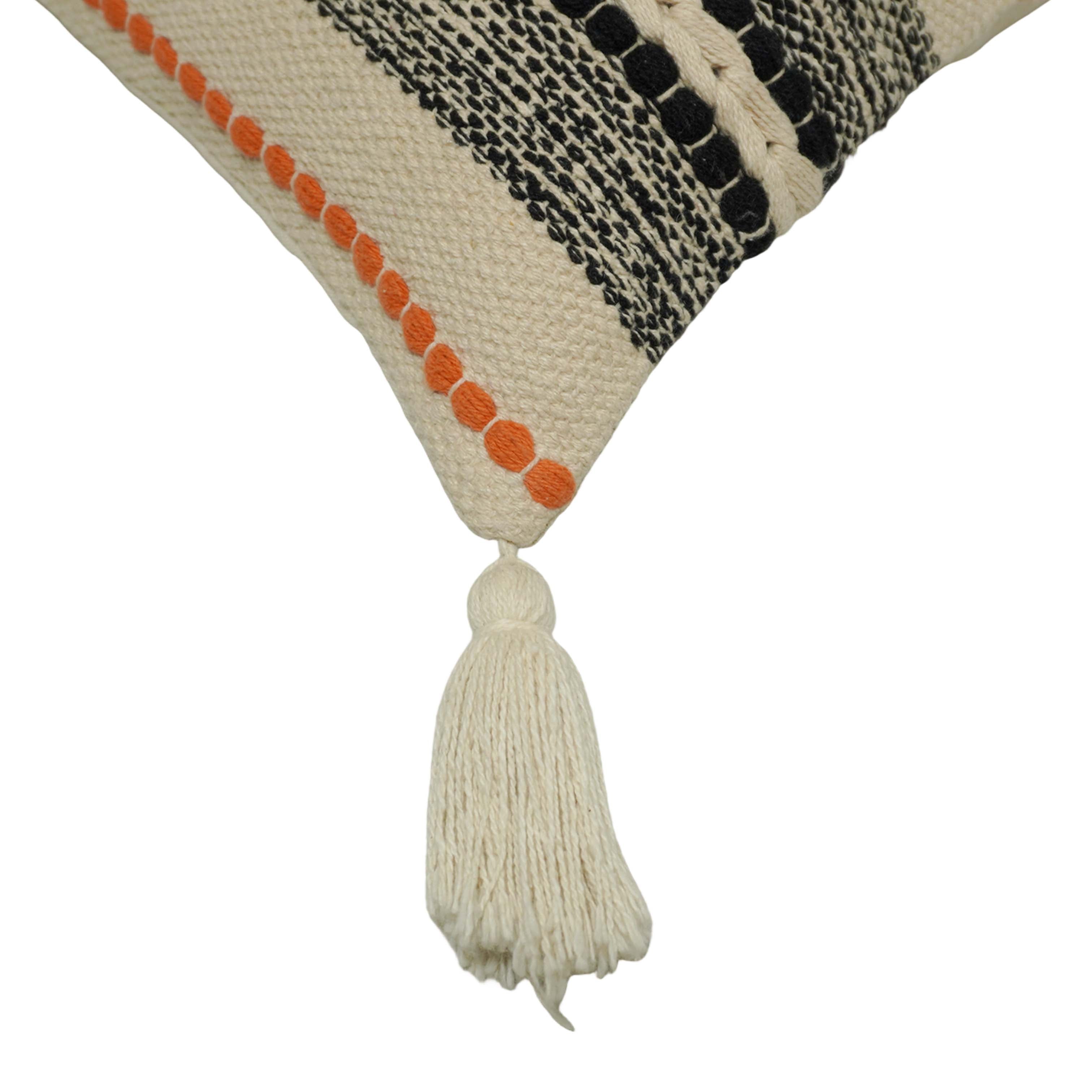 Handwoven Cotton Cushion Cover 45x45 cm – Boho Striped Textured Design with Tassel Details