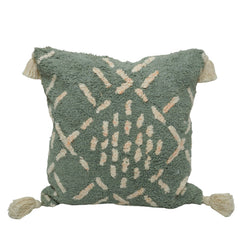 Hand Tufted Cotton Cushion Cover 45x45 cm | Sage Green Abstract Textured Throw Pillow Cover with Tassels | Boho Modern Home Décor