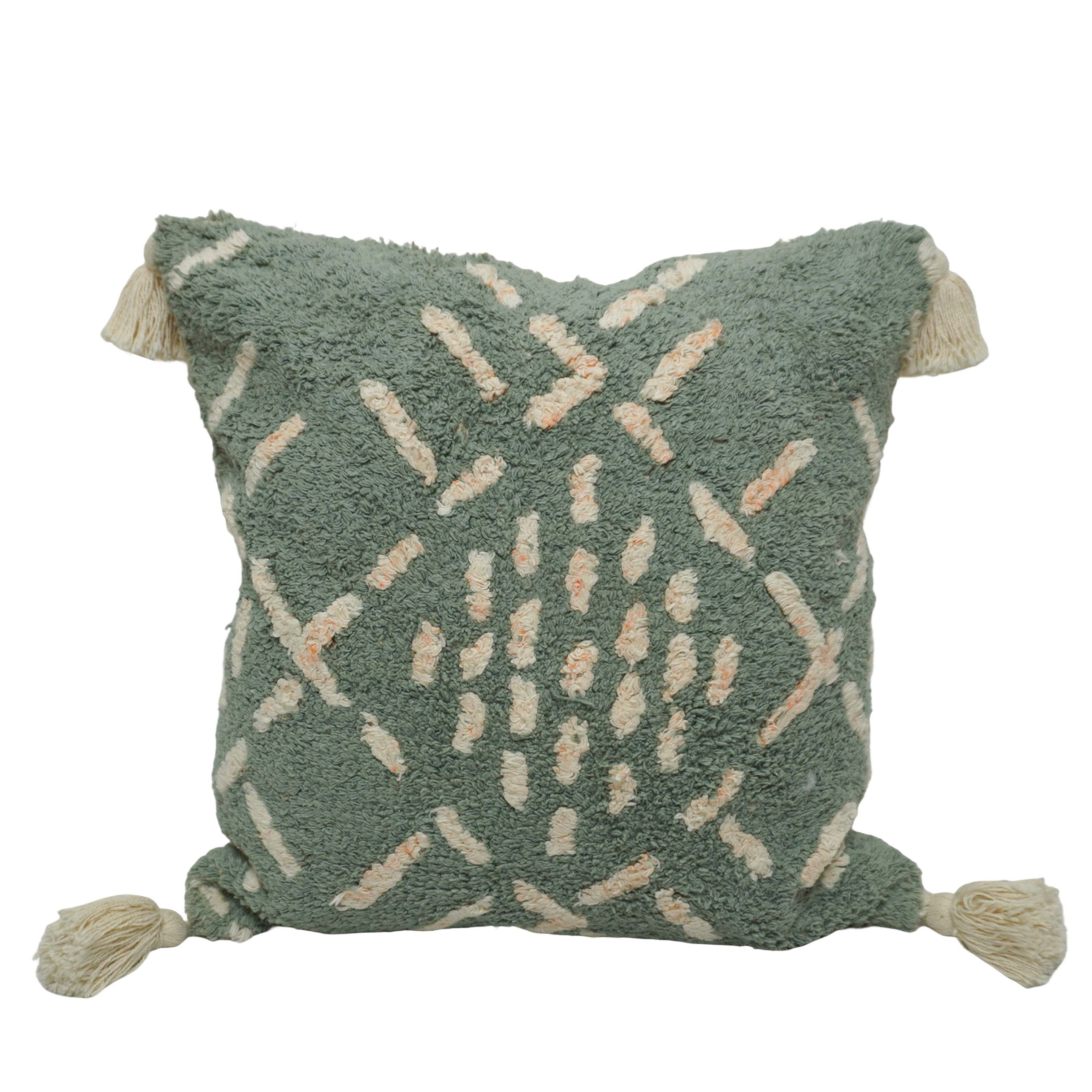 Hand Tufted Cotton Cushion Cover 45x45 cm | Sage Green Abstract Textured Throw Pillow Cover with Tassels | Boho Modern Home Décor