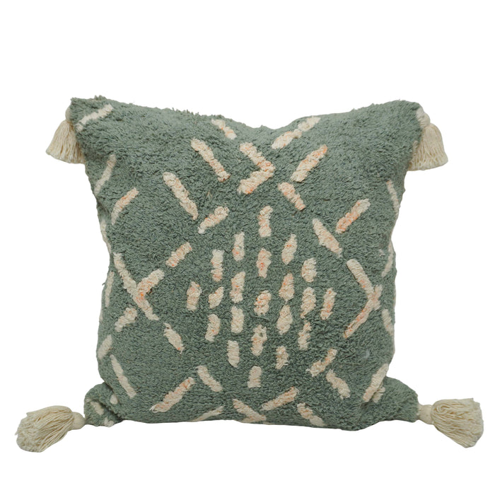 Hand Tufted Cotton Cushion Cover 45x45 cm | Sage Green Abstract Textured Throw Pillow Cover with Tassels | Boho Modern Home Décor