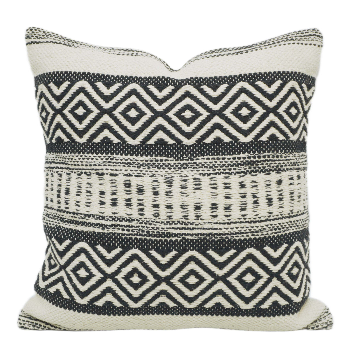 Handwoven Geometric Black & Cream Cushion Cover 45x45 cm | Tribal Pattern