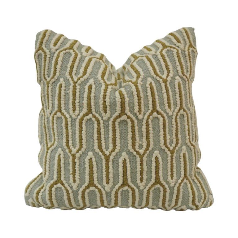 Handmade Geometric Embroidered Cotton Cushion Cover 45x45 cm | Textured Modern Throw Pillow Cover in Sage Green & Beige - Bulk manufacturer & supplier from Panipat, India