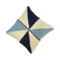 Hand Knitted Geometric Cotton Cushion Cover | Blue & Ivory Pinwheel Design | 45x45 cm