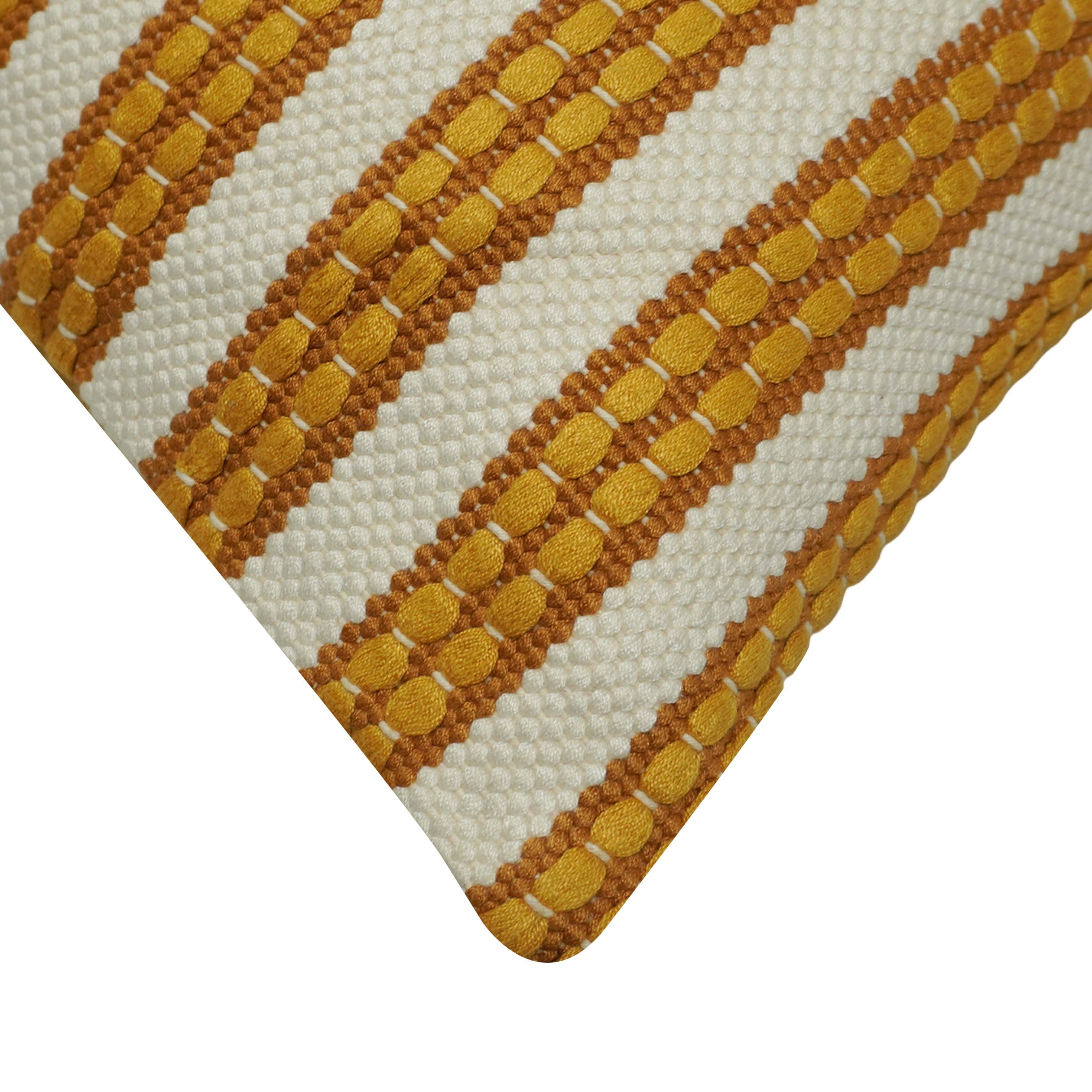Handwoven Cotton Cushion Cover 45x45 cm | Mustard & Ivory Striped Textured Woven Cushion Cover | Decorative Boho Throw Pillow Cover with Concealed Zipper