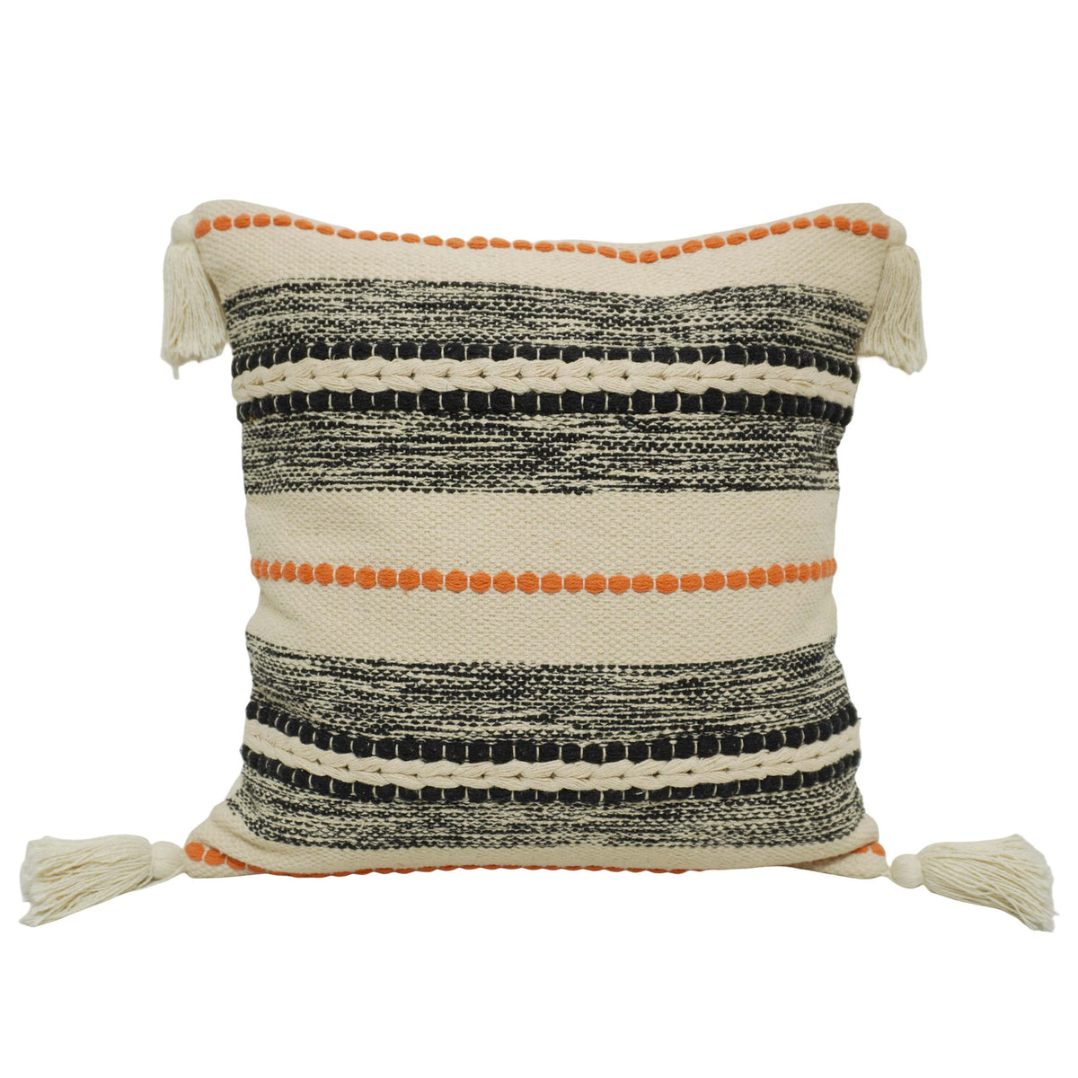 Handwoven Cotton Cushion Cover 45x45 cm – Boho Striped Textured Design with Tassel Details
