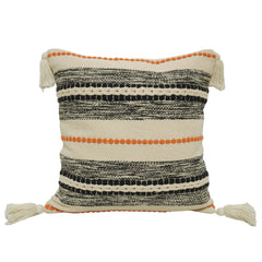 Handwoven Cotton Cushion Cover 45x45 cm – Boho Striped Textured Design with Tassel Details