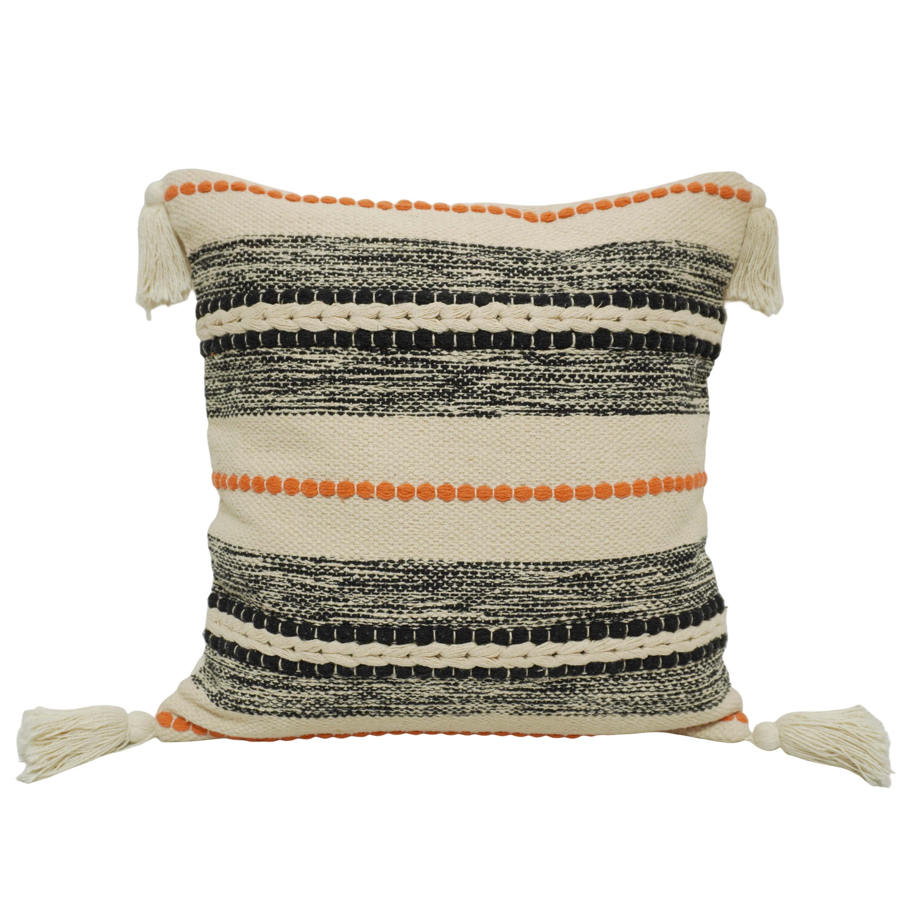 Handwoven Cotton Cushion Cover 45x45 cm – Boho Striped Textured Design with Tassel Details