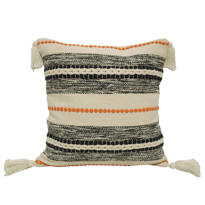 Handwoven Cotton Cushion Cover 45x45 cm – Boho Striped Textured Design with Tassel Details