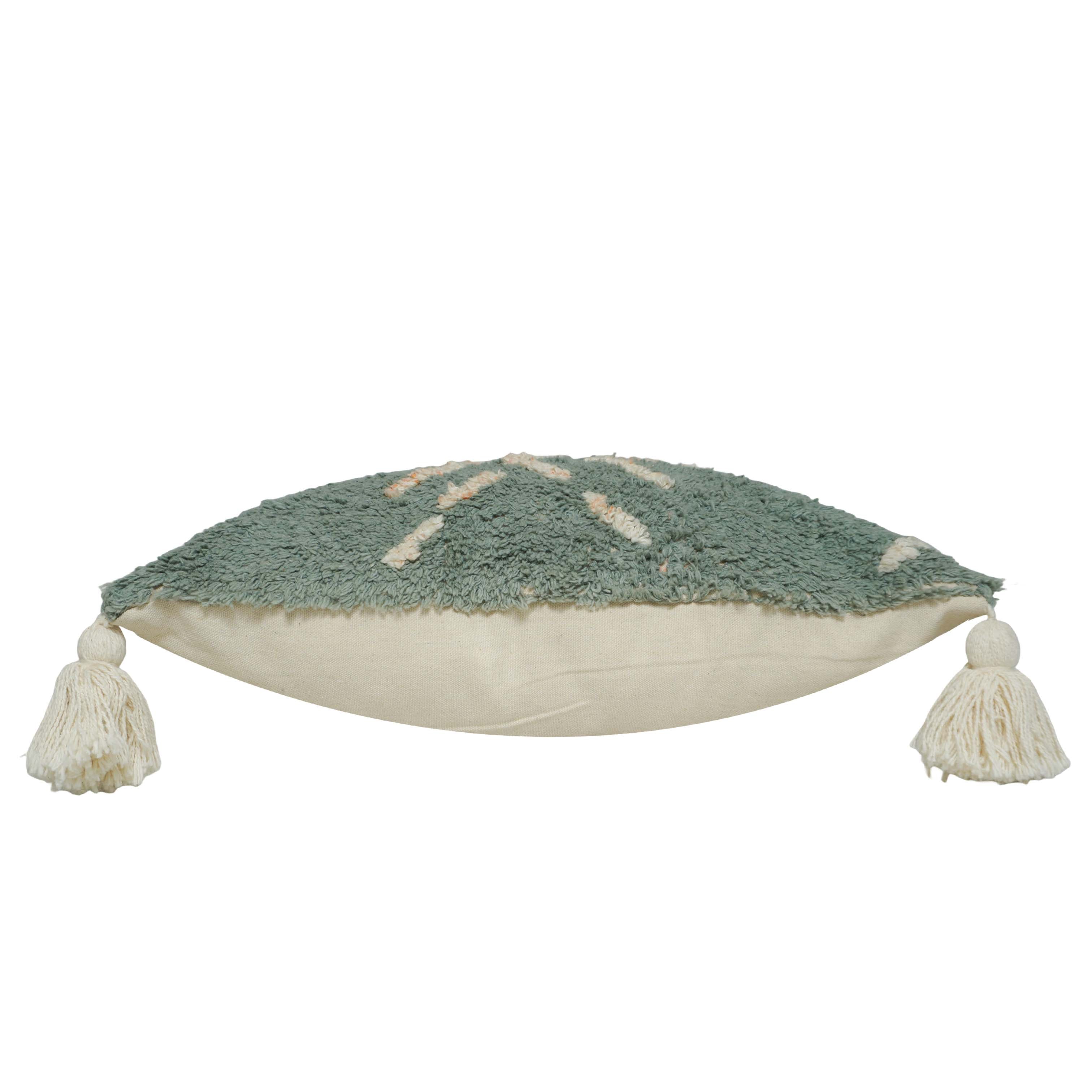 Hand Tufted Cotton Cushion Cover 45x45 cm | Sage Green Abstract Textured Throw Pillow Cover with Tassels | Boho Modern Home Décor