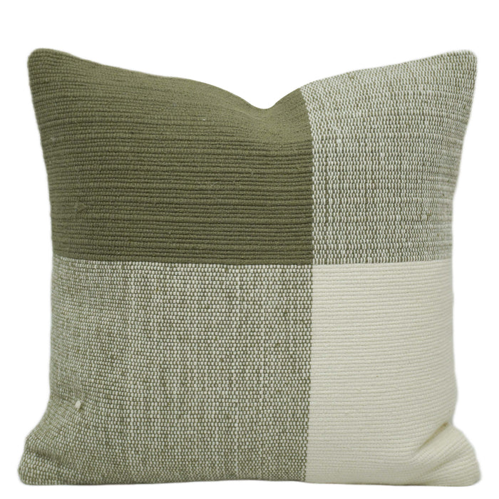 Handwoven Sage Green & Ivory Color Block Cushion Cover – 45 x 45 cm
