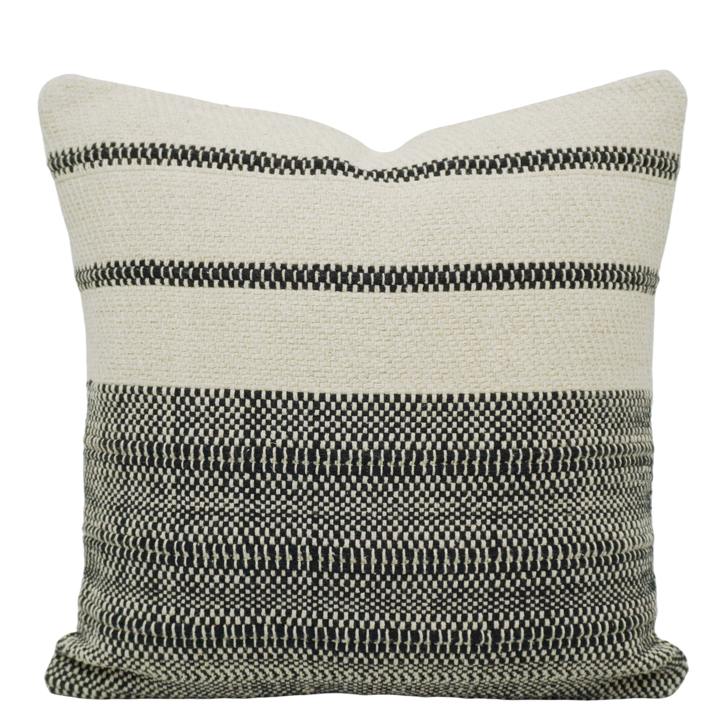 **Handwoven Ivory & Black Textured Striped Cotton Cushion Cover – 45 x 45 cm**