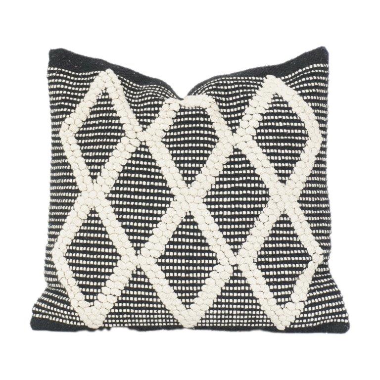 Handwoven Cotton Cushion Cover – Black & White Diamond Geometric Textured Design | Boho Modern Throw Pillow Cover (18x18 Inch) - Bulk manufacturer & supplier from Panipat, India
