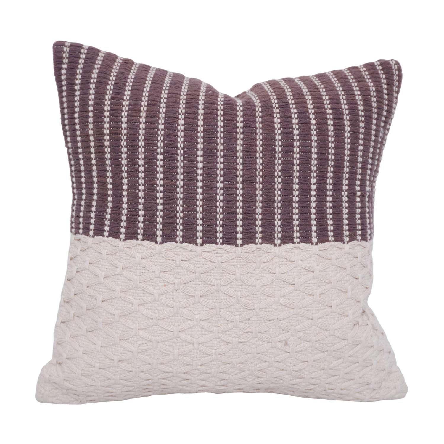 Handwoven Cotton Cushion Cover 45x45 cm | Textured Geometric Weave & Striped Design | Handmade Decorative Throw Pillow Cover | Brown & Ivory