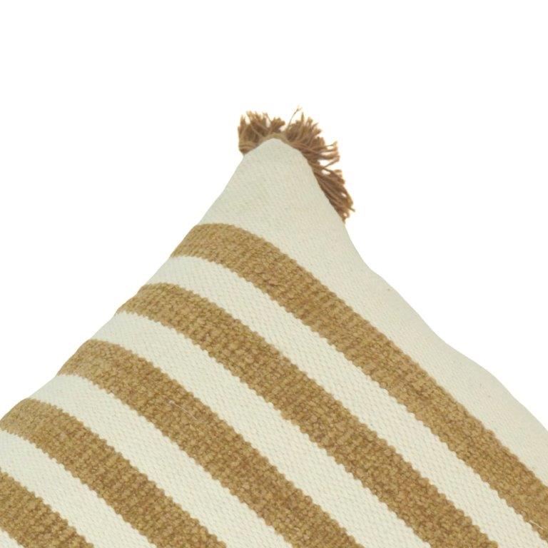 Handmade Striped Cotton Cushion Cover with Tassels – Beige & Ivory | 45x45 cm - Bulk manufacturer & supplier from Panipat, India