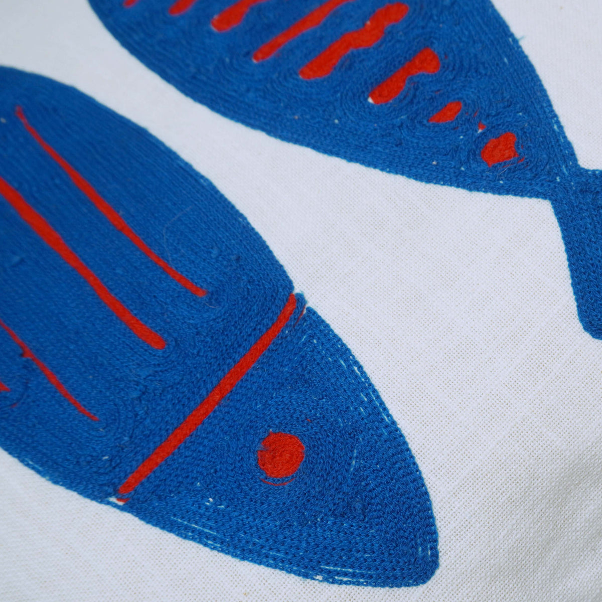 Machine Embroidered Fish Design Cushion Cover 45x45 cm – Blue & Red on White