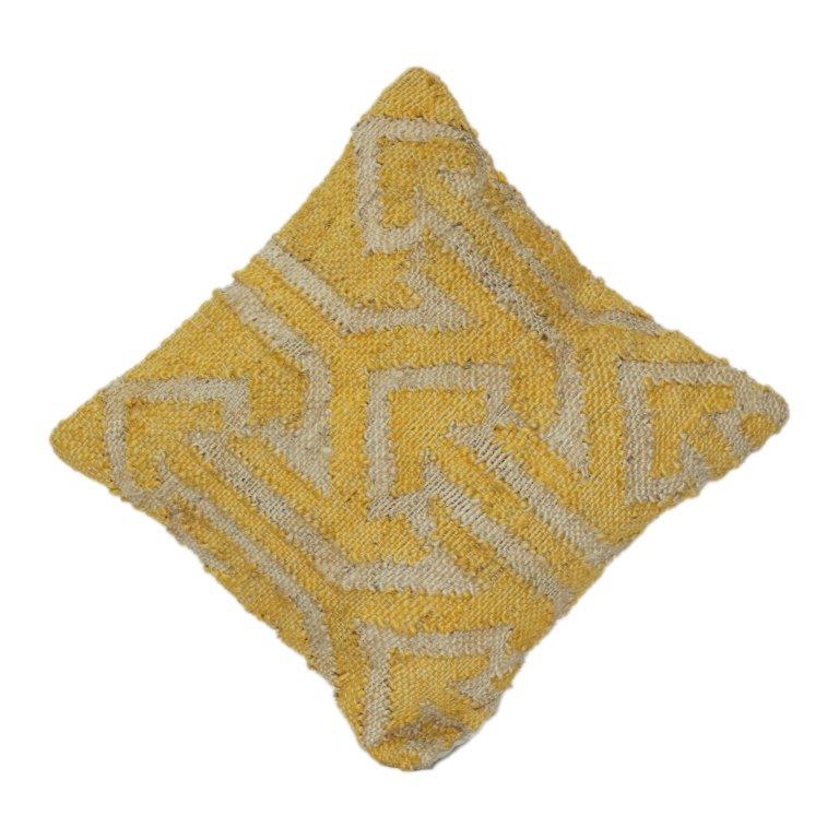 Handwoven Jute & Cotton Cushion Cover – Mustard & Natural Geometric Textured Pillow Cover | Boho Rustic Home Décor | 18x18 Inch