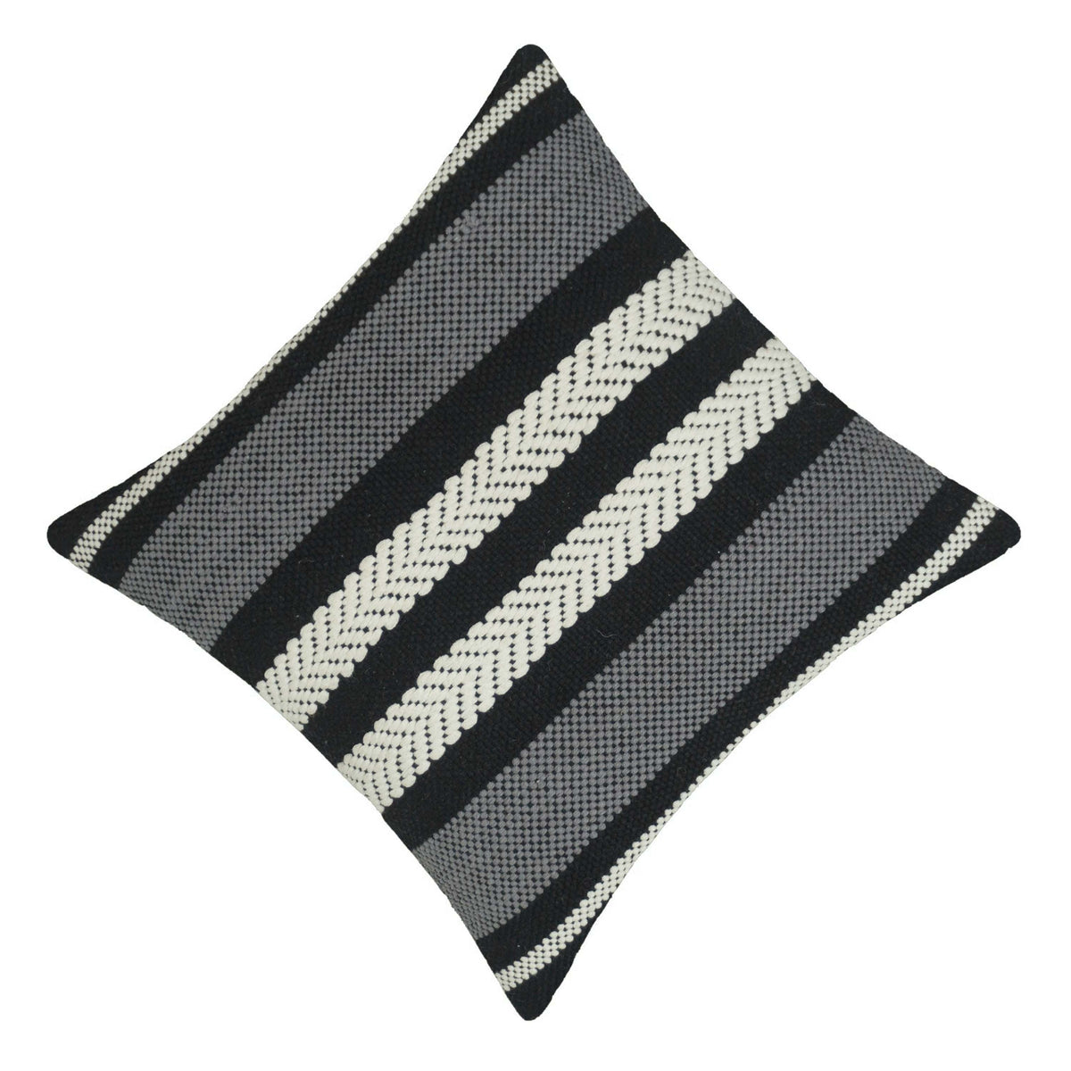 Black grey and ivory striped geometric handwoven cotton cushion cover 45x45 cm