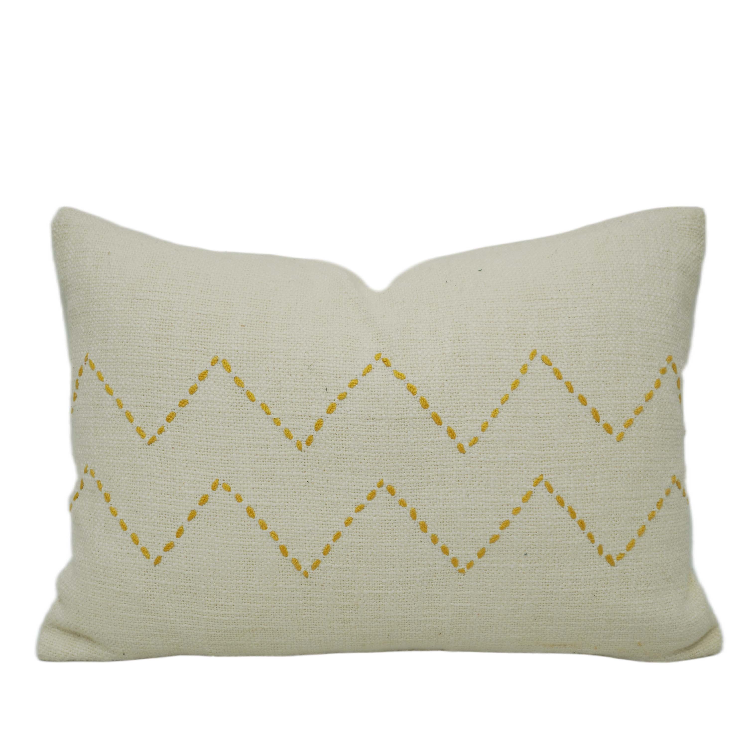 Hand Embroidered Ivory & Mustard Zigzag Cotton Cushion Cover – 35 x 50 cm