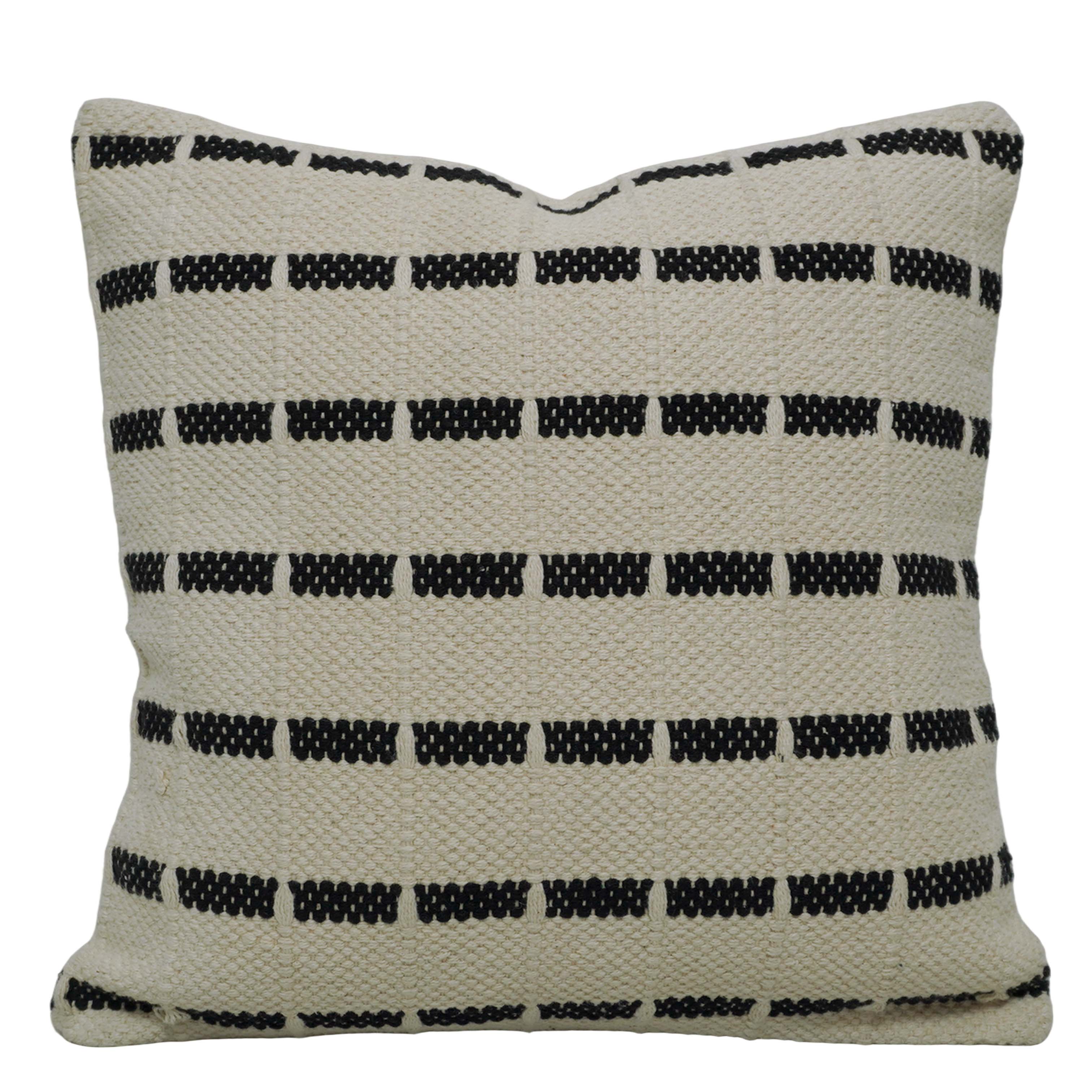 Handwoven Cotton Cushion Cover 45 x 45 cm – Ivory & Black Geometric Pattern, Textured Boho Accent Pillow Cover