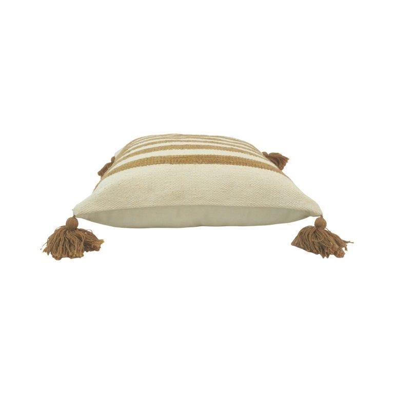 Handmade Striped Cotton Cushion Cover with Tassels – Beige & Ivory | 45x45 cm - Bulk manufacturer & supplier from Panipat, India