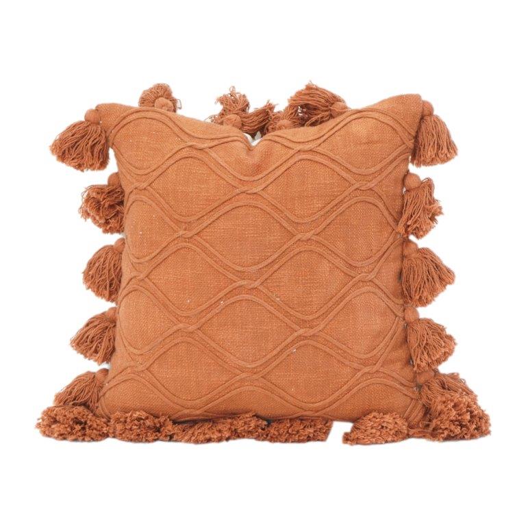 Rust Terracotta Textured Cotton Cushion Cover with Tassels | Boho Geometric Embroidered Pillow Cover | 18x18 Inch - Bulk manufacturer & supplier from Panipat, India