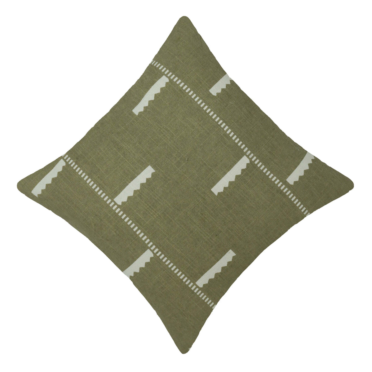 Olive Green & Ivory Printed Cotton Cushion Cover – Geometric Pattern, 45 x 45 cm