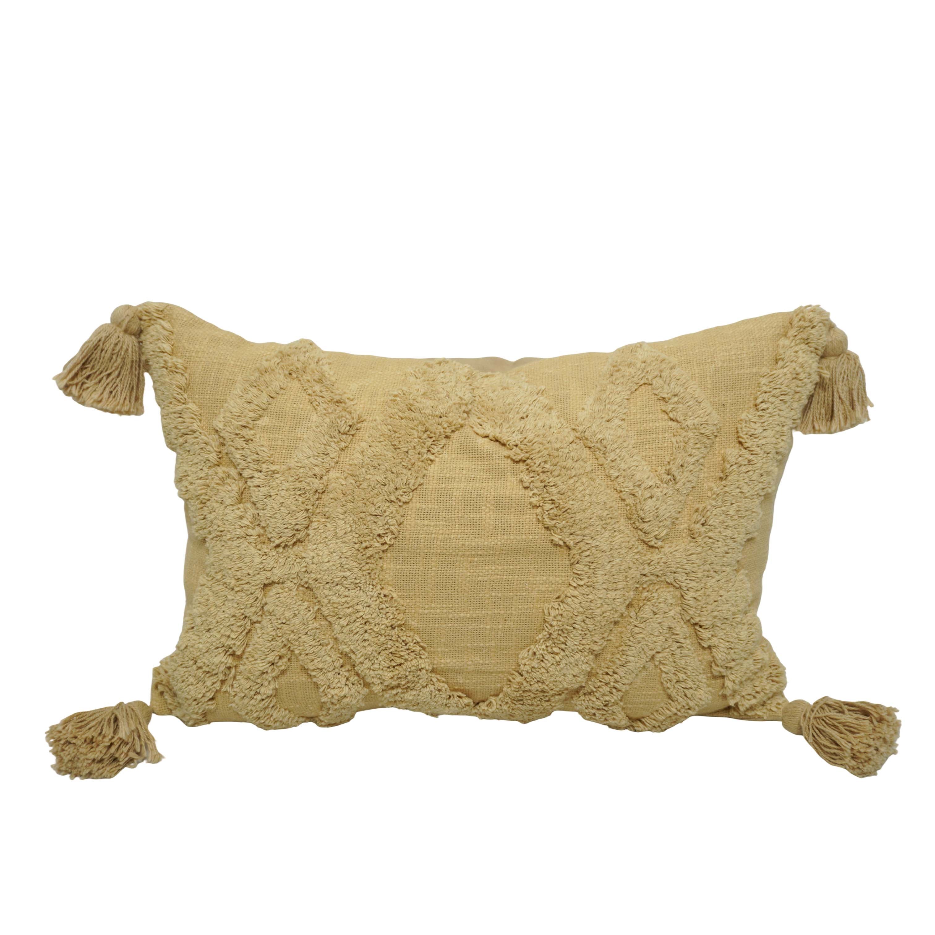 Boho Tufted Cotton Cushion Cover with Tassels | Geometric Textured Lumbar Pillow Cover | Beige | 30 x 50 cm