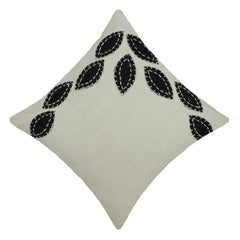 Handcrafted Embroidered Cotton Cushion Cover 45x45 cm | Modern Leaf Appliqué Design | Decorative Throw Pillow Cover with Hidden Zipper | Ivory & Black