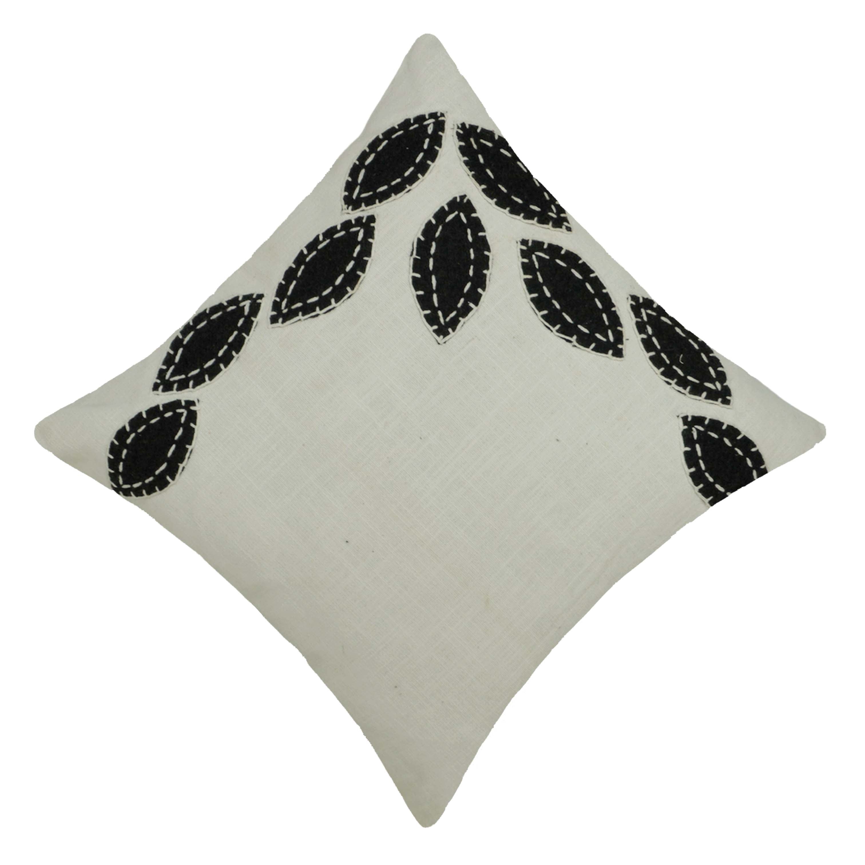 Handcrafted Embroidered Cotton Cushion Cover 45x45 cm | Modern Leaf Appliqué Design | Decorative Throw Pillow Cover with Hidden Zipper | Ivory & Black