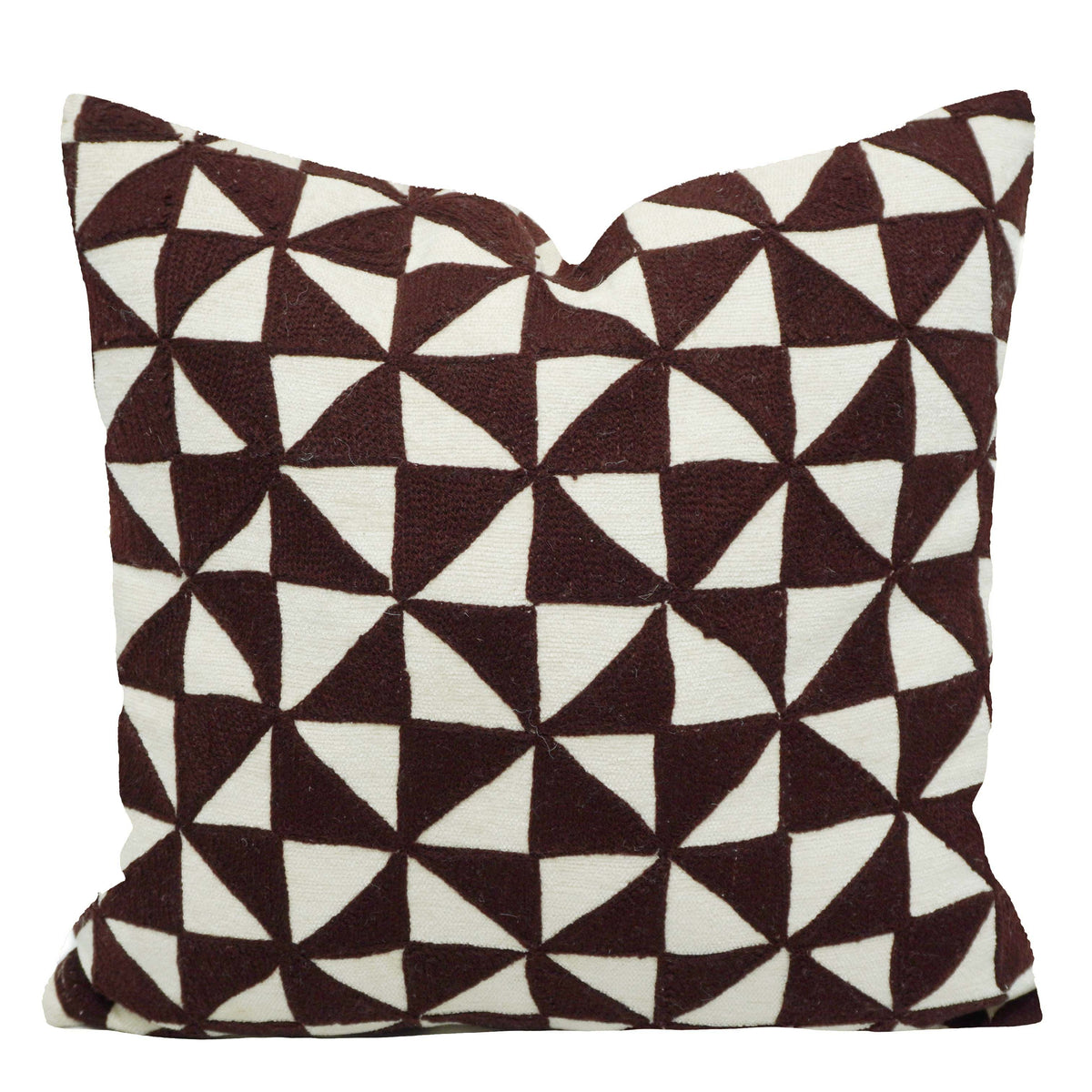 Machine Embroidered Geometric Cotton Cushion Cover – 45 x 45 cm | Brown & Ivory