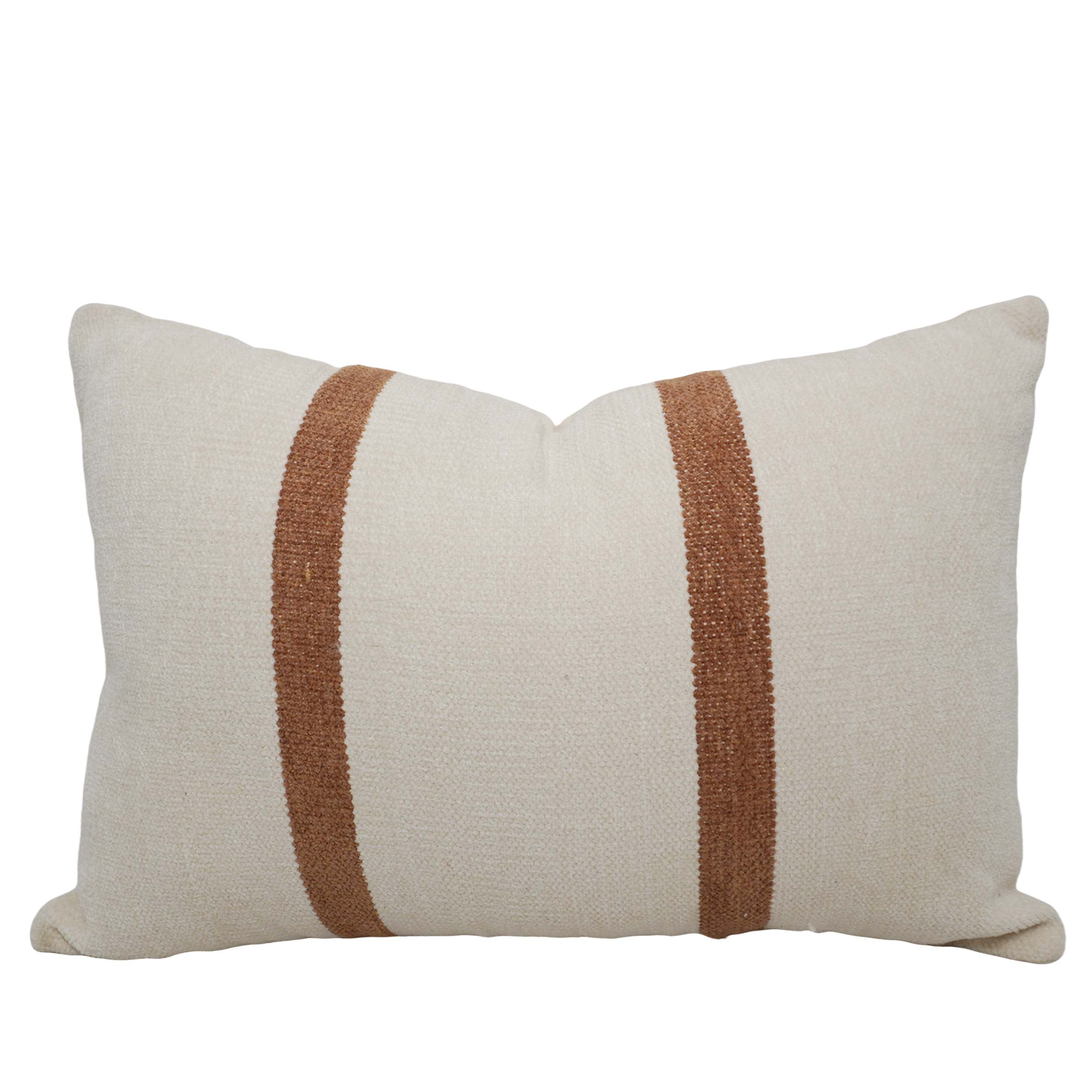 Handwoven Cotton Cushion Cover 40 x 60 cm | Ivory with Brown Woven Stripe | Rectangular Decorative Throw Pillow Cover | Hidden Zipper