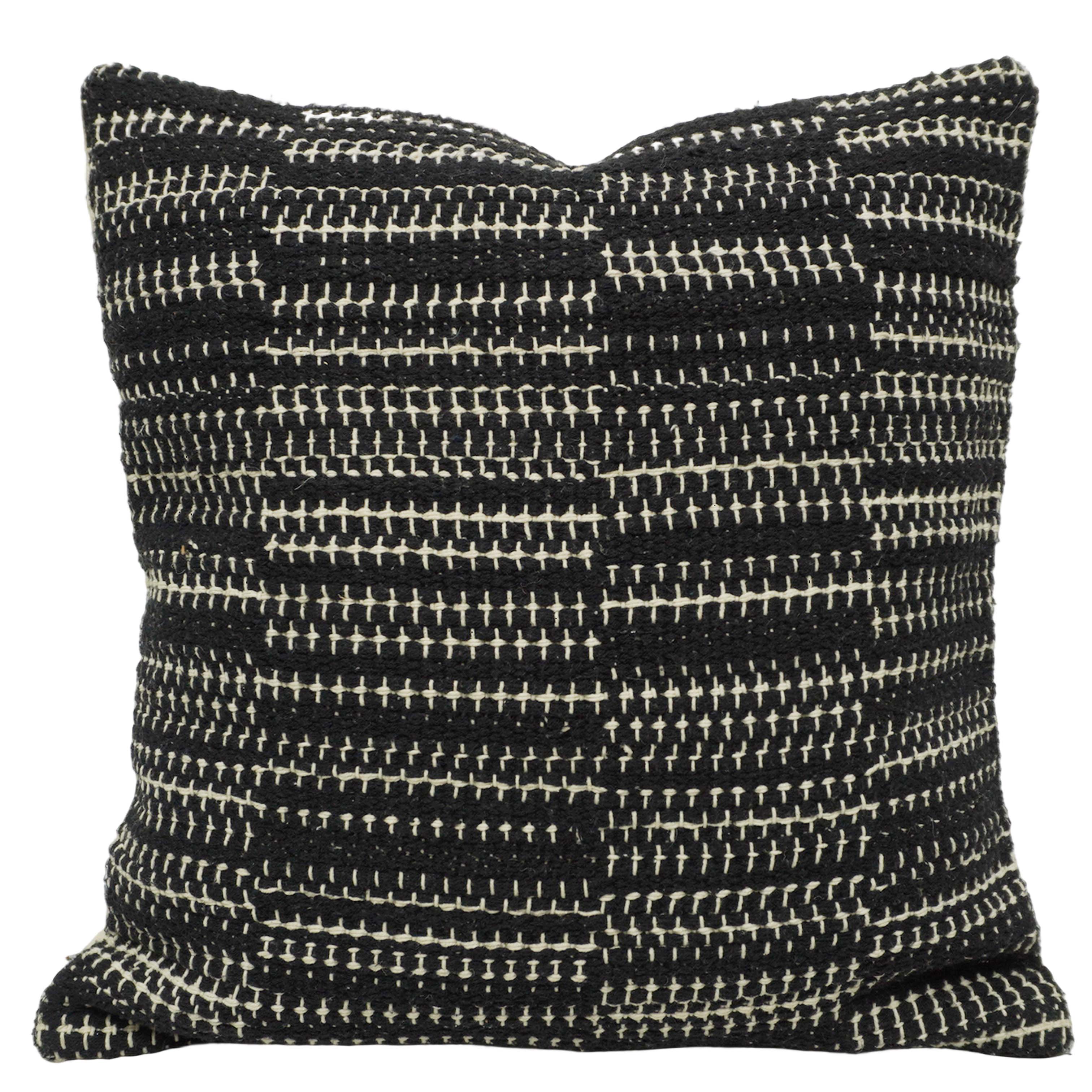 Handwoven Cotton Cushion Cover 45x45 cm | Black & Ivory Textured Woven Throw Pillow Cover | Modern Boho Decorative Cushion Cover with Hidden Zip | 18x18 Inch