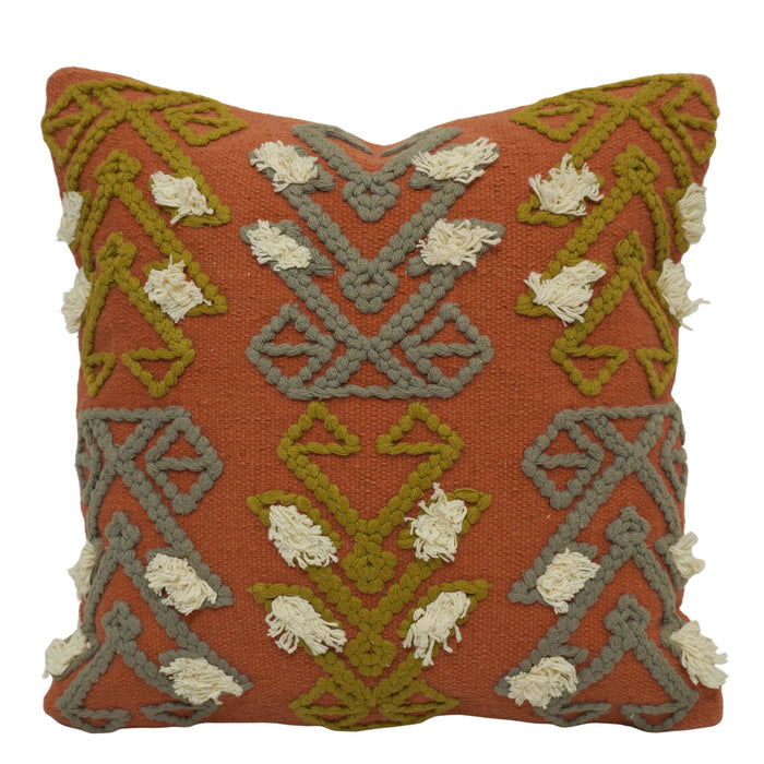 Handwoven Cotton Cushion Cover 45x45 cm | Tufted Boho Geometric Cushion Cover | Decorative Throw Pillow Cover with Tassel Accents | Hidden Zipper | Rust Multi