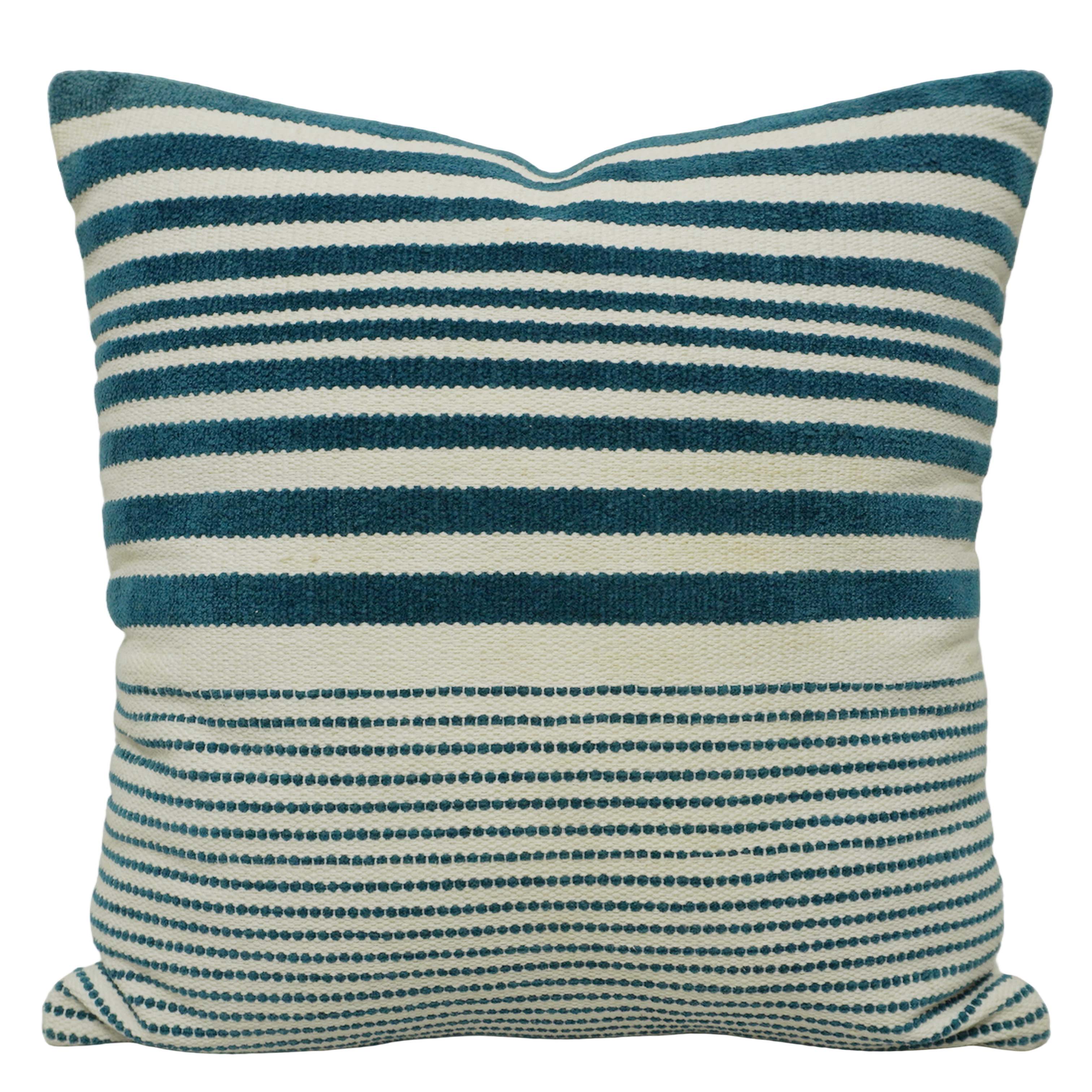 Handwoven Cotton Striped Cushion Cover 45x45 cm | Blue & Ivory Woven Decorative Throw Pillow Cover | Modern Coastal Farmhouse Sofa Cushion Cover | Hidden Zipper