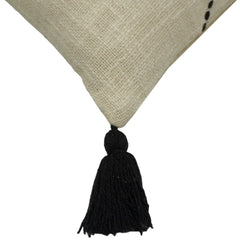 Hand Embroidered Cotton Cushion Cover 45x45 cm | Beige & Black Zigzag Pattern with Corner Tassels | Boho Decorative Throw Pillow Cover | Hidden Zip