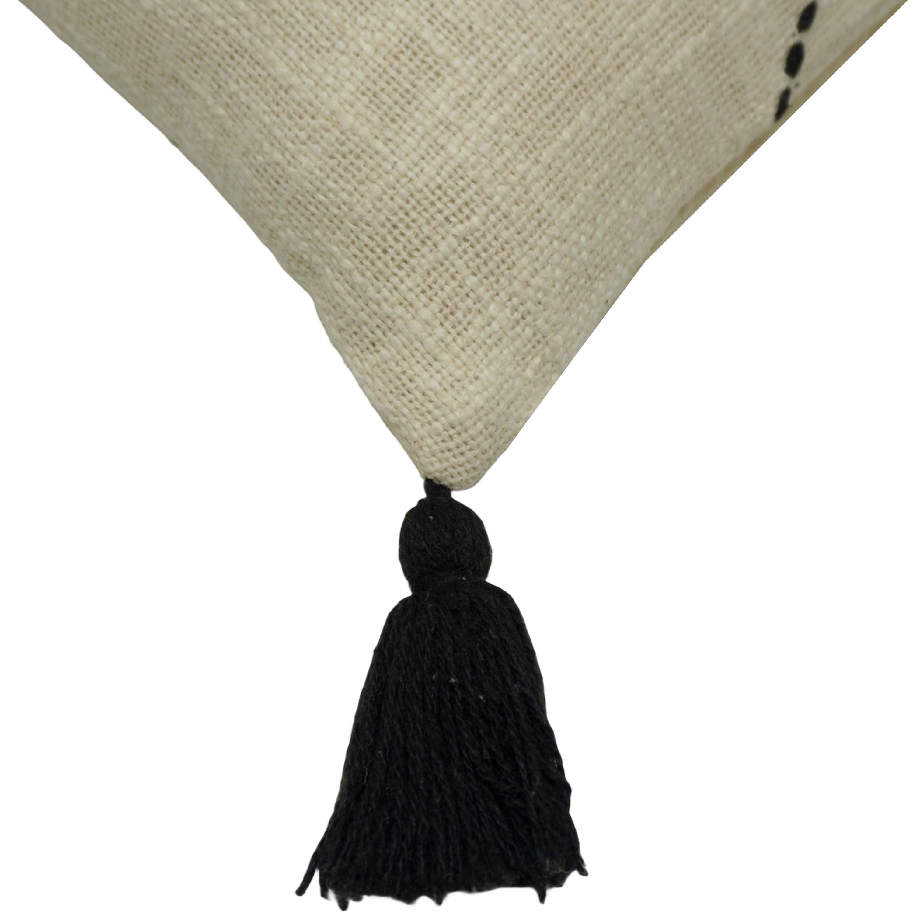 Hand Embroidered Cotton Cushion Cover 45x45 cm | Beige & Black Zigzag Pattern with Corner Tassels | Boho Decorative Throw Pillow Cover | Hidden Zip