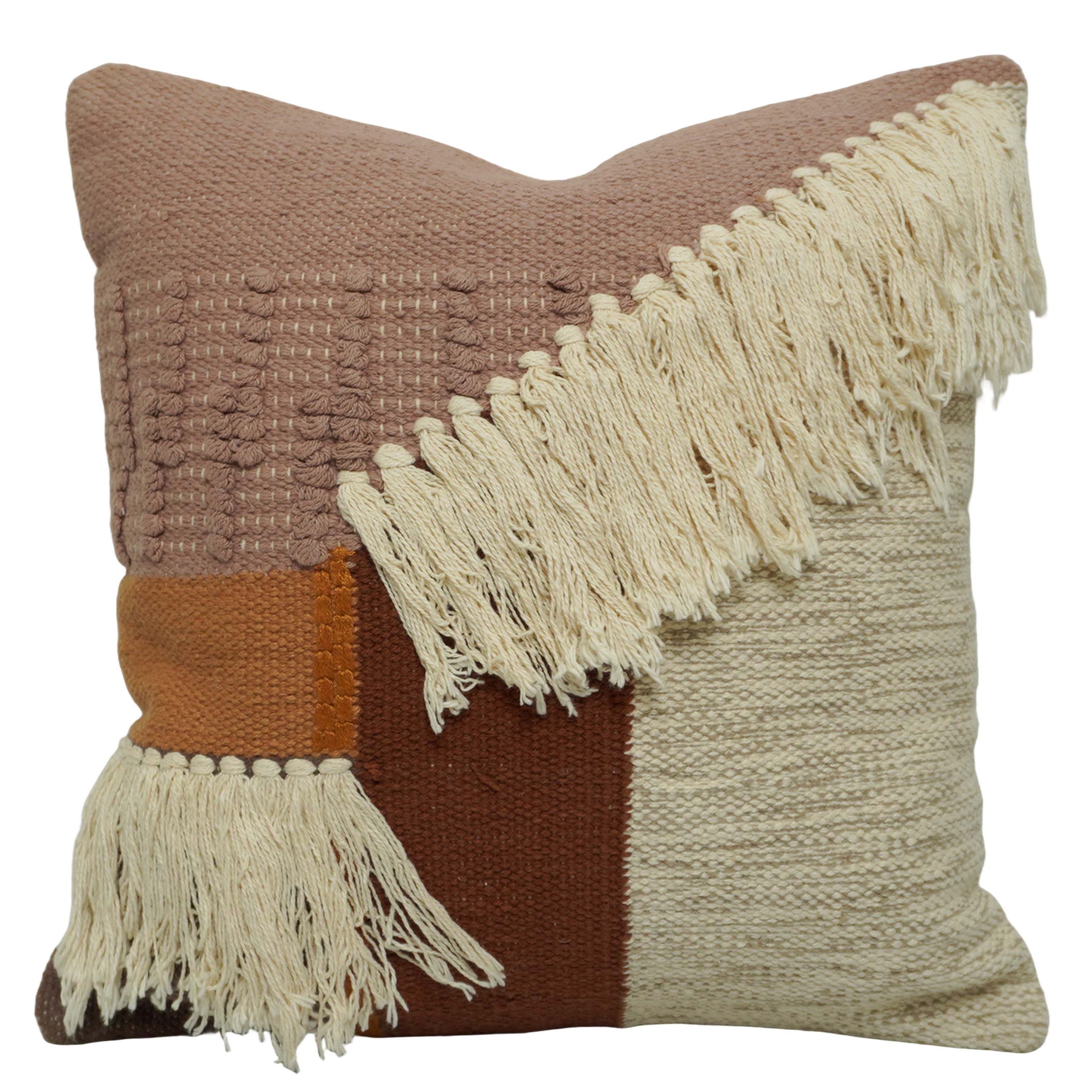 Handwoven Cotton Cushion Cover 45x45 cm | Boho Fringe Decorative Throw Pillow Cover | Handmade Textured Patchwork Cushion Cover | Concealed Zip | Brown, Beige & Ivory