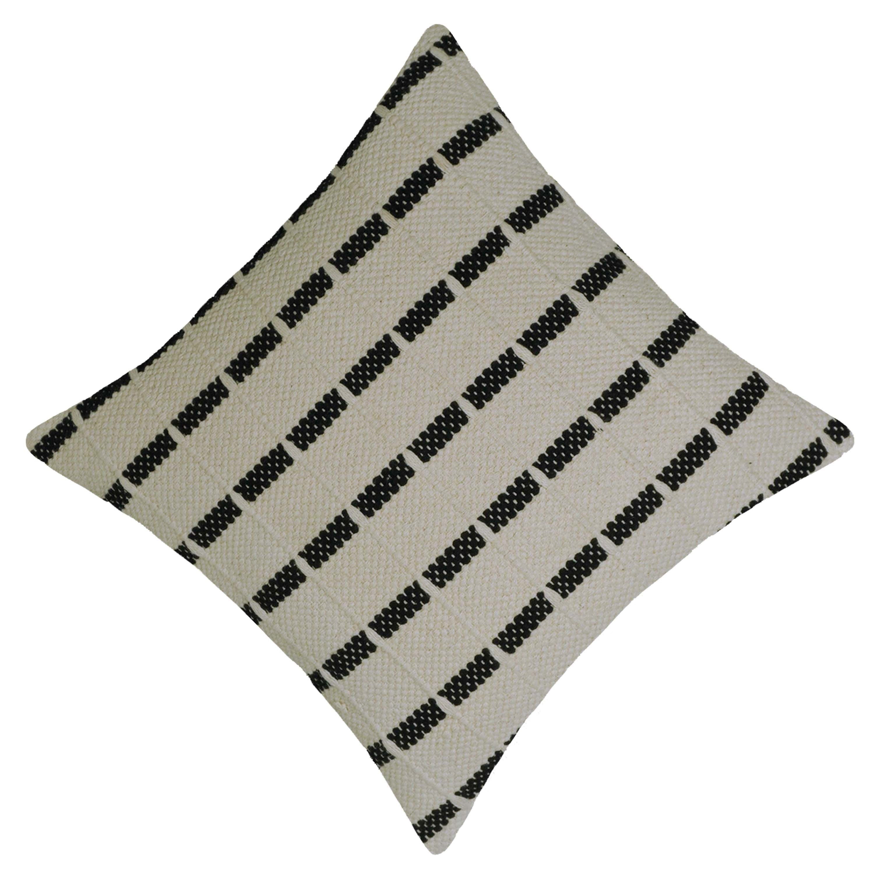 Handwoven Cotton Cushion Cover 45 x 45 cm – Ivory & Black Geometric Pattern, Textured Boho Accent Pillow Cover