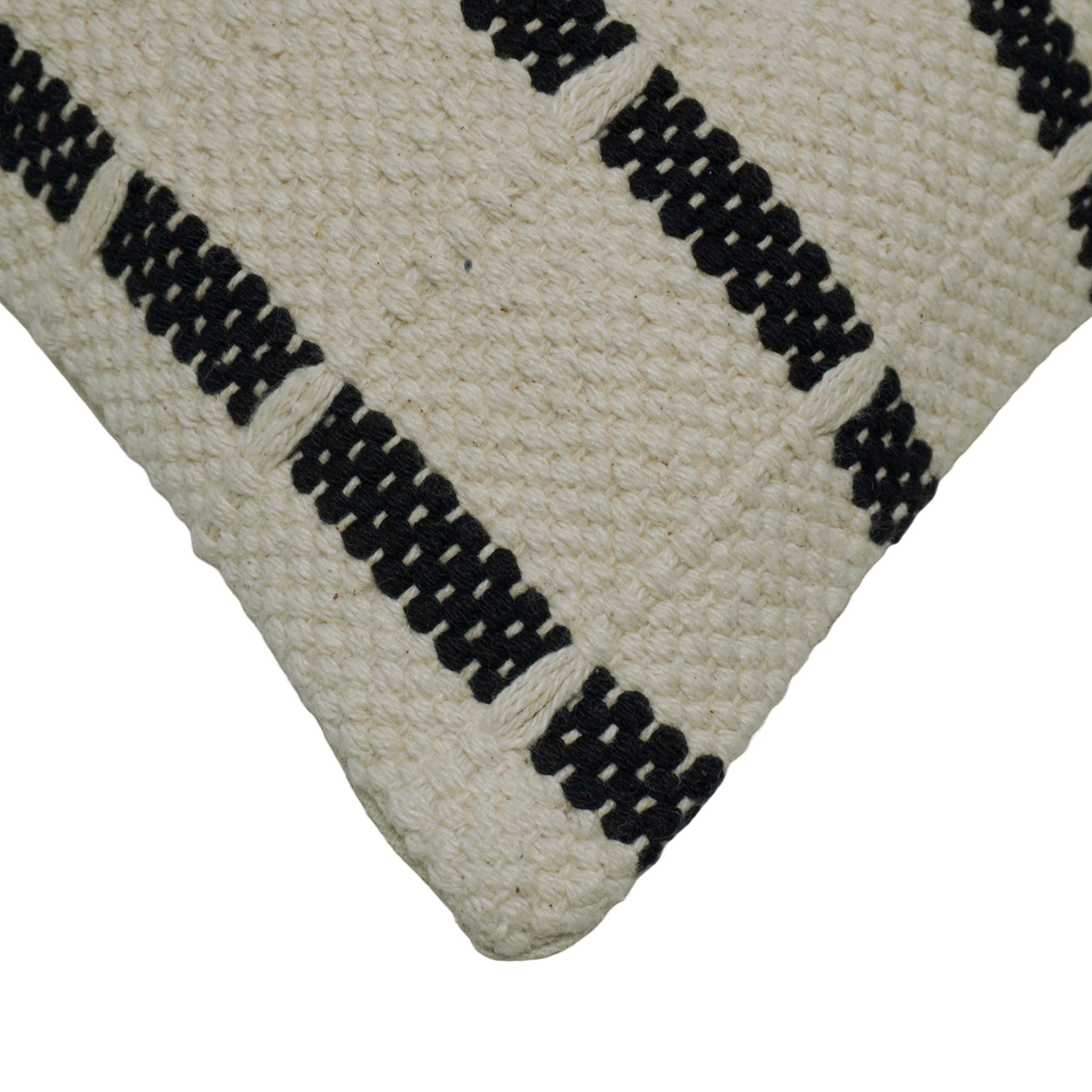 Handwoven Cotton Cushion Cover 45 x 45 cm – Ivory & Black Geometric Pattern, Textured Boho Accent Pillow Cover