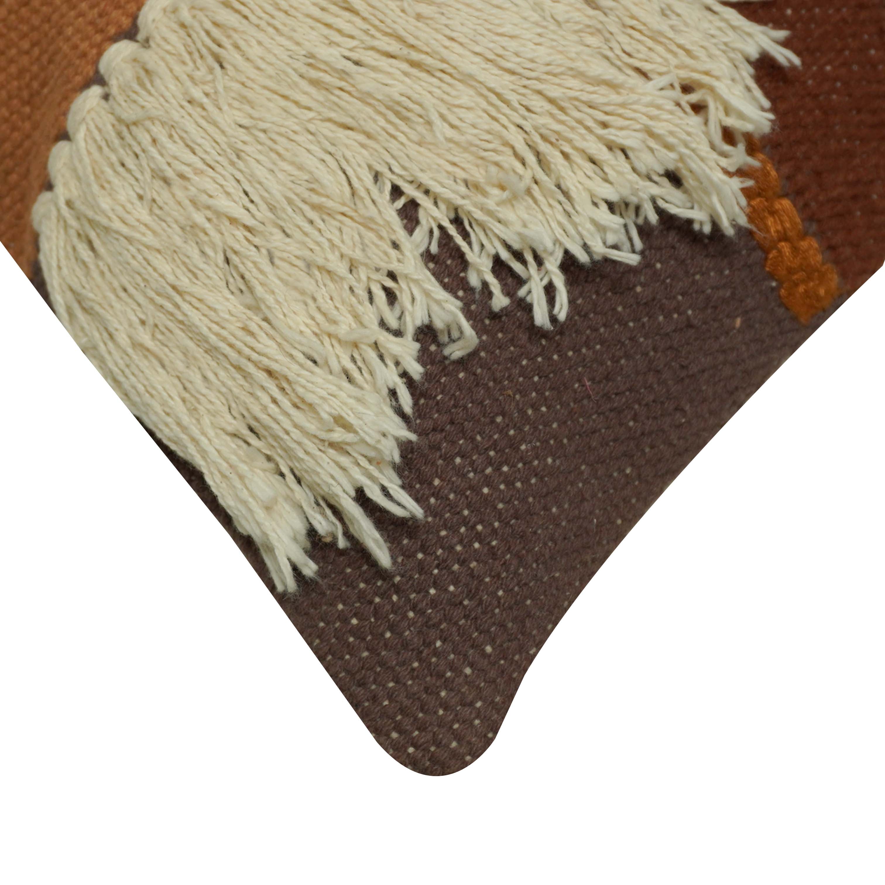 Handwoven Cotton Cushion Cover 45x45 cm | Boho Fringe Decorative Throw Pillow Cover | Handmade Textured Patchwork Cushion Cover | Concealed Zip | Brown, Beige & Ivory