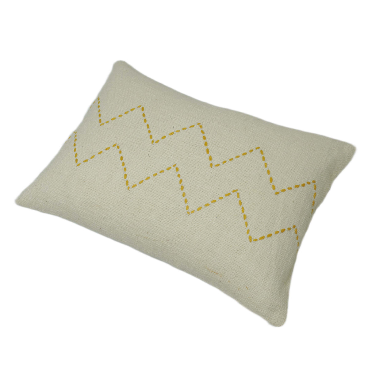 Hand Embroidered Ivory & Mustard Zigzag Cotton Cushion Cover – 35 x 50 cm