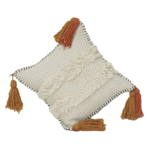 Housse de coussin en coton texturé style bohème avec pompons | Housse de coussin touffue tissée à la main dans des tons neutres