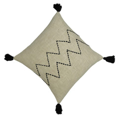 Hand Embroidered Cotton Cushion Cover 45x45 cm | Beige & Black Zigzag Pattern with Corner Tassels | Boho Decorative Throw Pillow Cover | Hidden Zip
