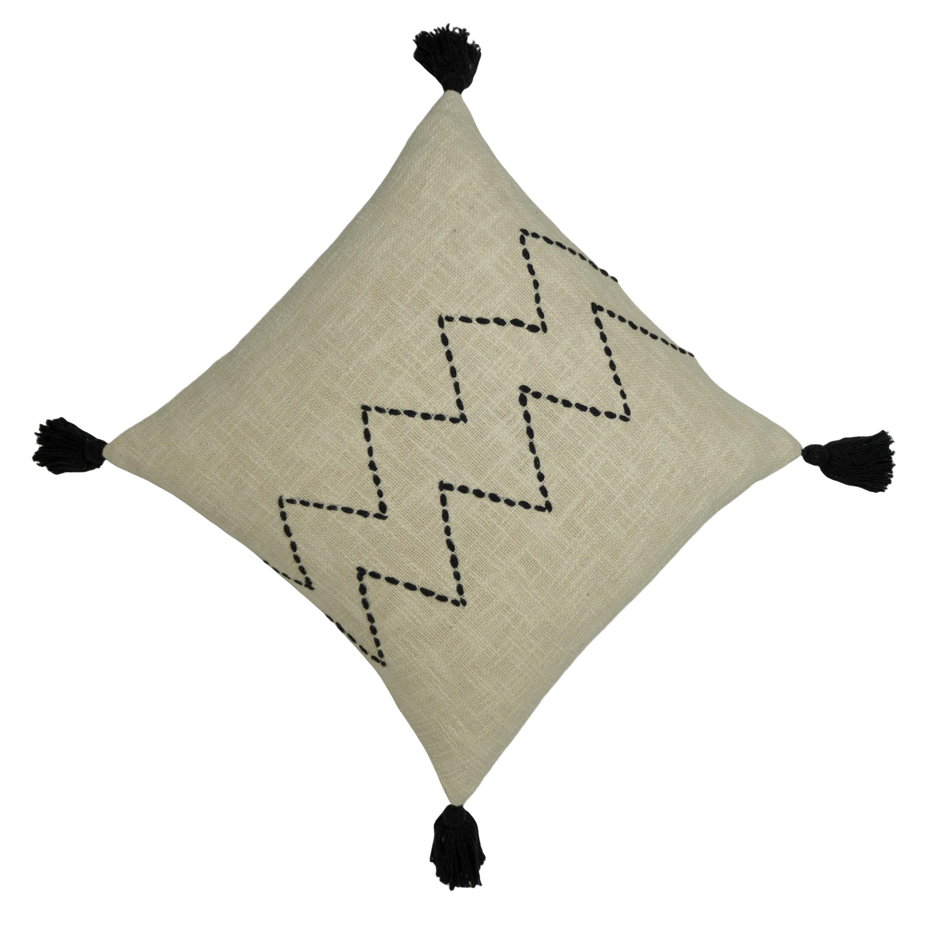 Hand Embroidered Cotton Cushion Cover 45x45 cm | Beige & Black Zigzag Pattern with Corner Tassels | Boho Decorative Throw Pillow Cover | Hidden Zip