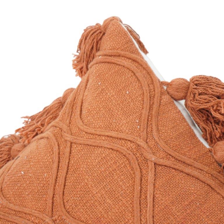 Rust Terracotta Textured Cotton Cushion Cover with Tassels | Boho Geometric Embroidered Pillow Cover | 18x18 Inch - Bulk manufacturer & supplier from Panipat, India