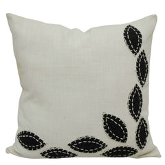 Handcrafted Embroidered Cotton Cushion Cover 45x45 cm | Modern Leaf Appliqué Design | Decorative Throw Pillow Cover with Hidden Zipper | Ivory & Black