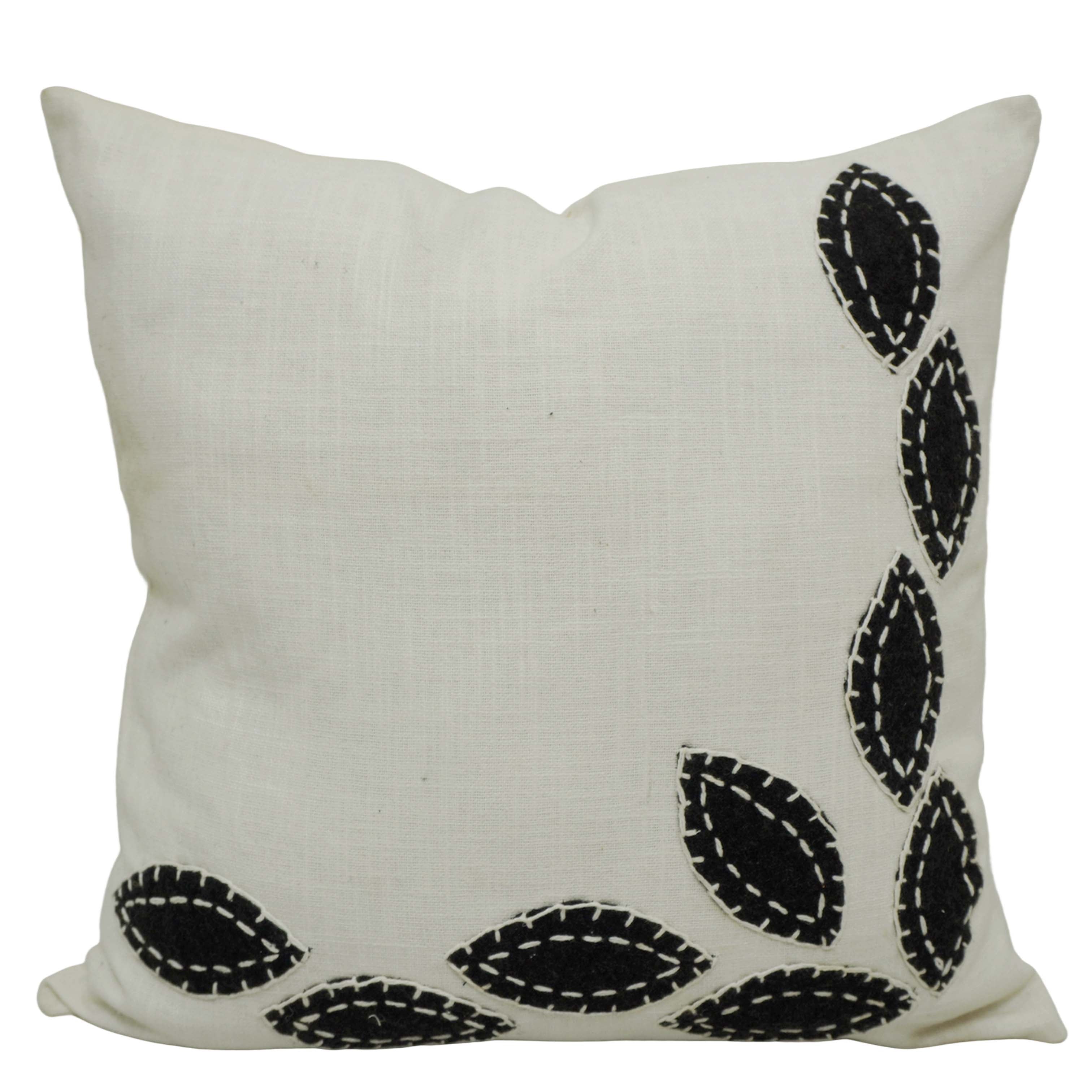 Handcrafted Embroidered Cotton Cushion Cover 45x45 cm | Modern Leaf Appliqué Design | Decorative Throw Pillow Cover with Hidden Zipper | Ivory & Black