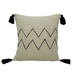 Hand Embroidered Cotton Cushion Cover 45x45 cm | Beige & Black Zigzag Pattern with Corner Tassels | Boho Decorative Throw Pillow Cover | Hidden Zip