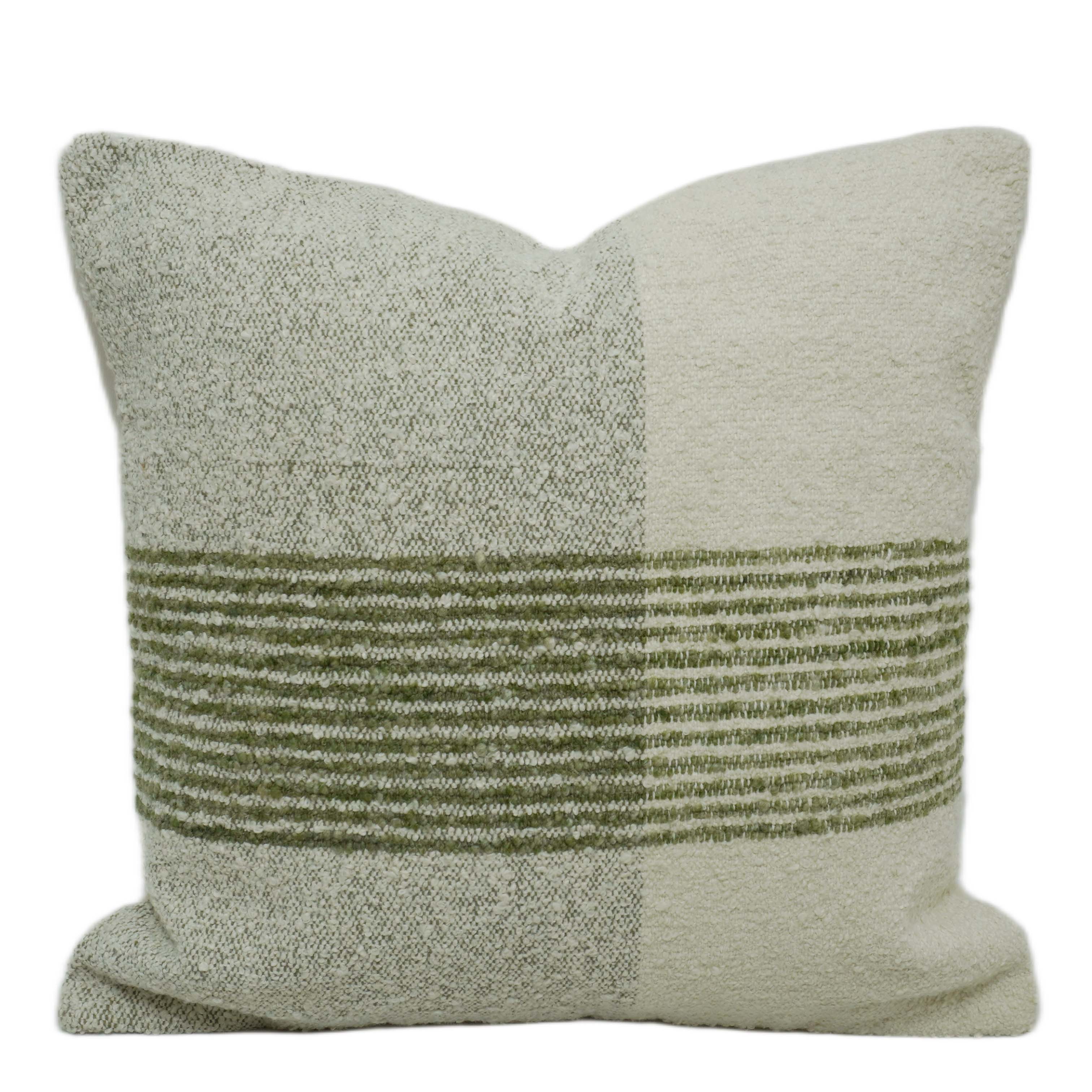 Handwoven Textured Cotton Cushion Cover – Olive Green & Ivory Striped Design, 45 x 45 cm