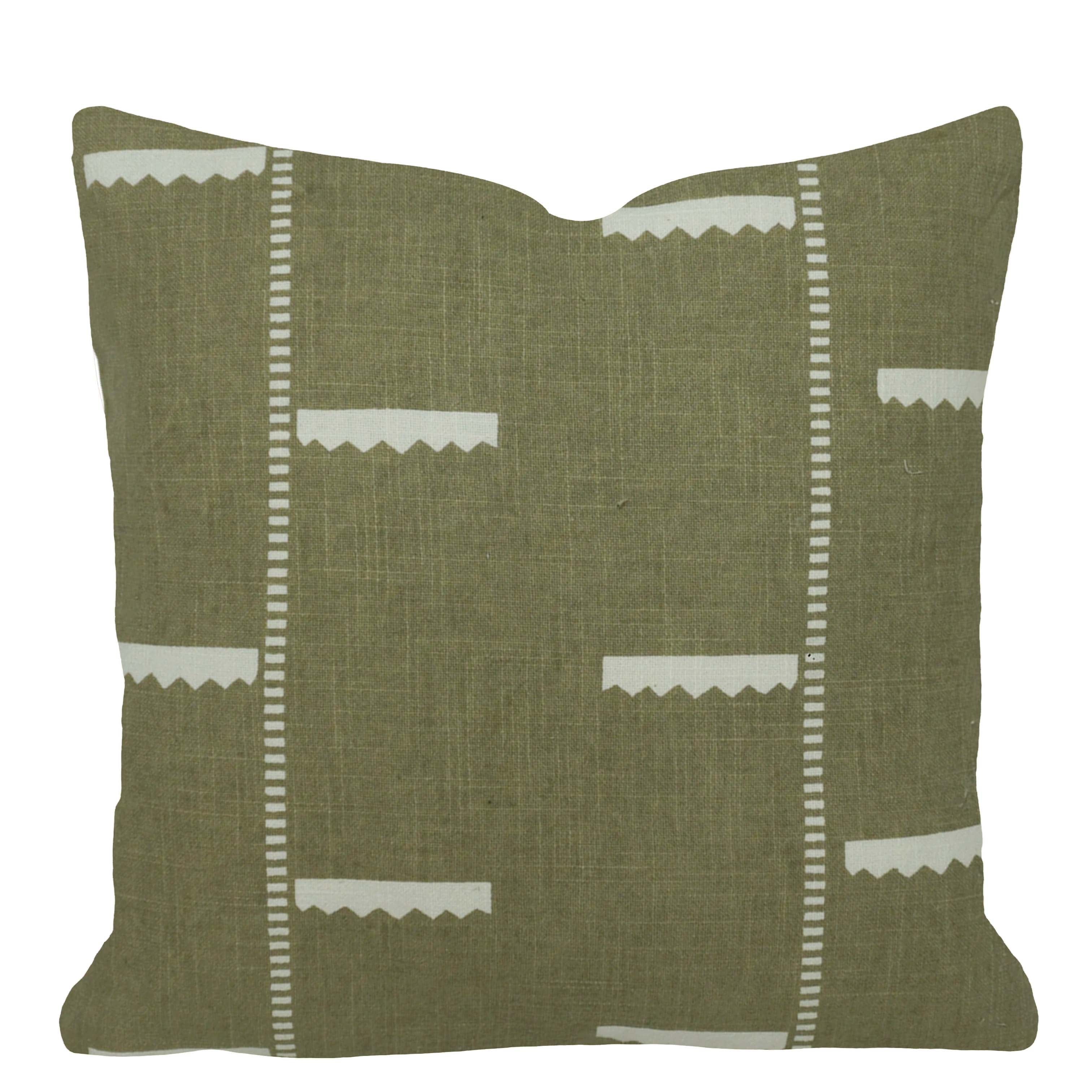 Olive Green & Ivory Printed Cotton Cushion Cover – Geometric Pattern, 45 x 45 cm